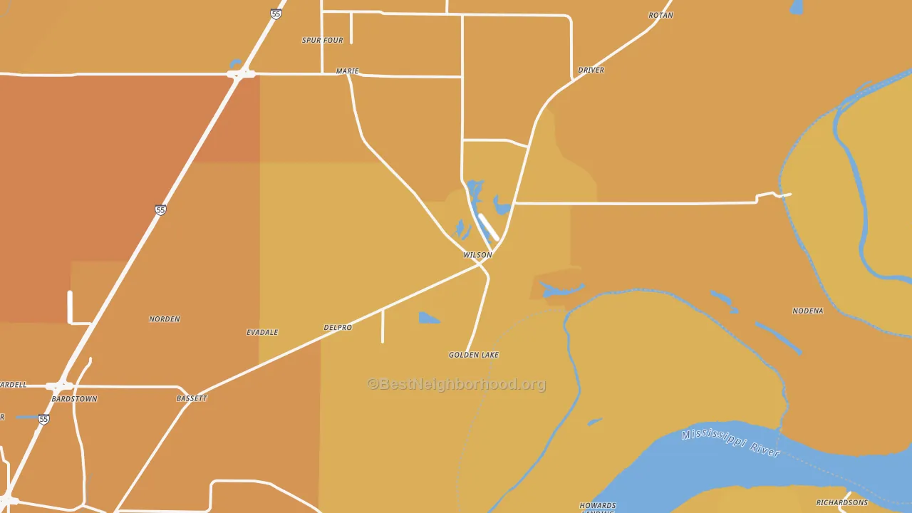 Map of the best neighborhoods in the Wilson area, with better matches in green and worse matches in red