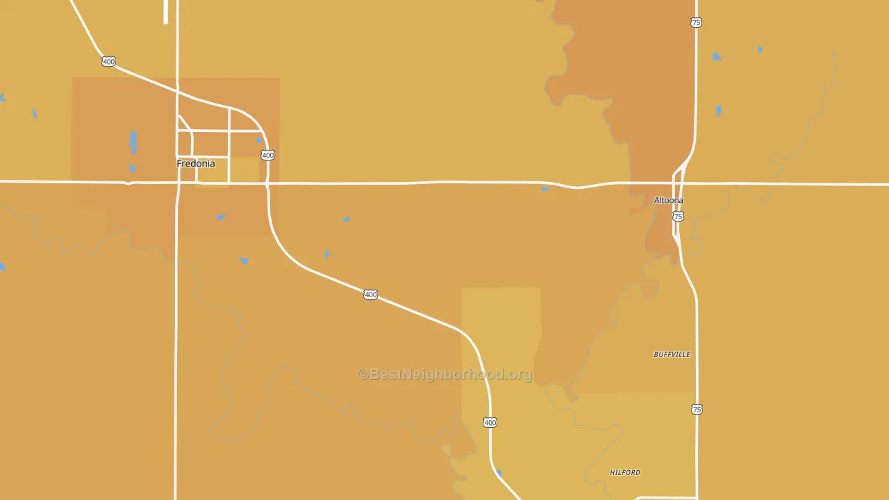 Map of the best neighborhoods in the Wilson County area, with better matches in green and worse matches in red
