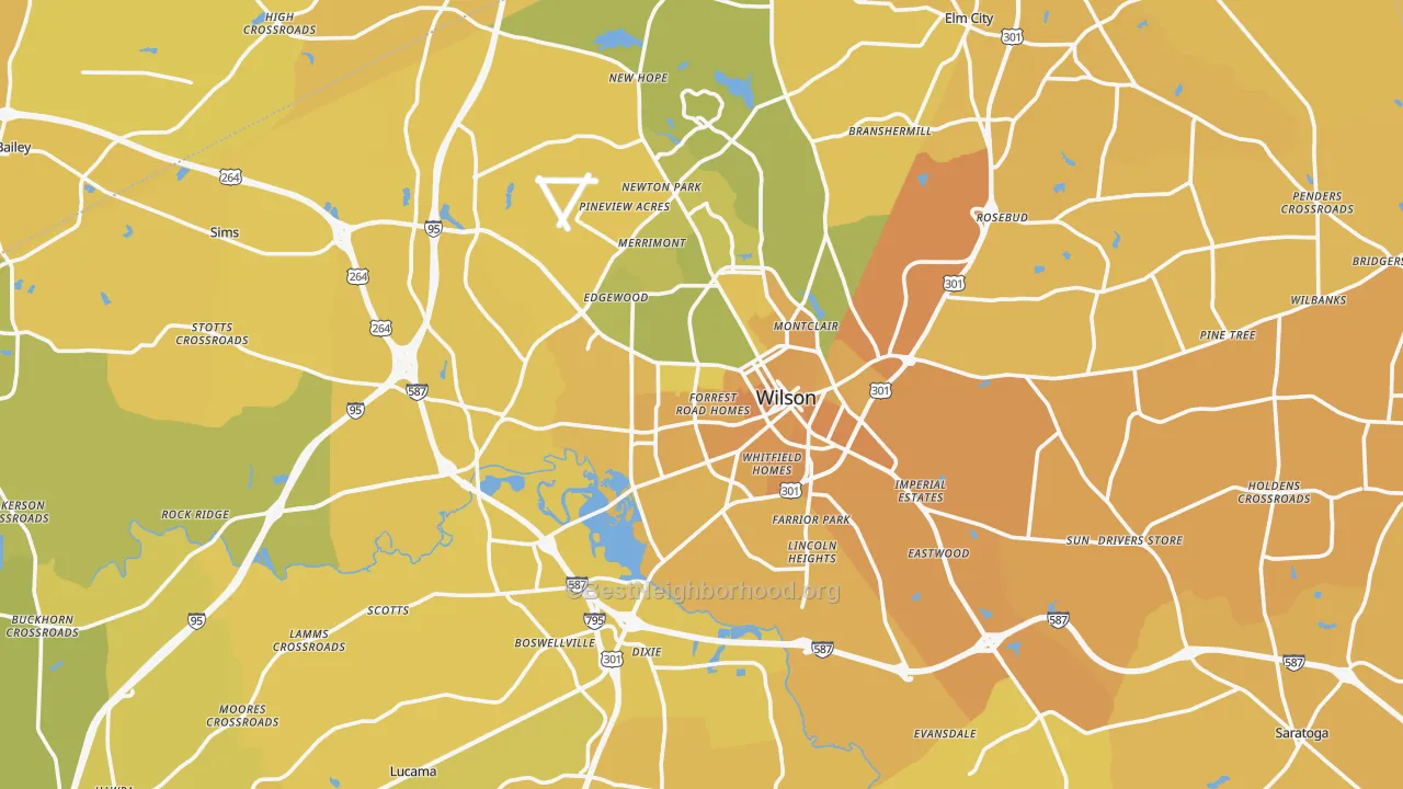 Map of the best neighborhoods in the Wilson County area, with better matches in green and worse matches in red