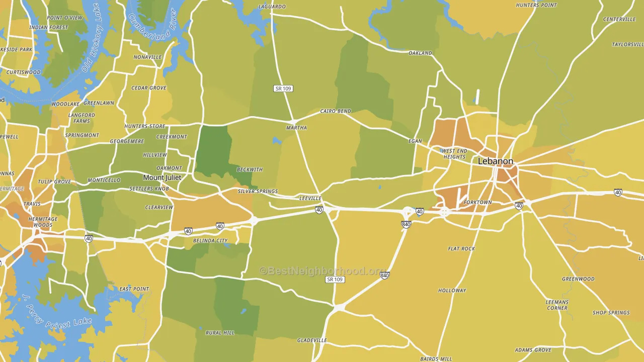 Map of the best neighborhoods in the Wilson County area, with better matches in green and worse matches in red