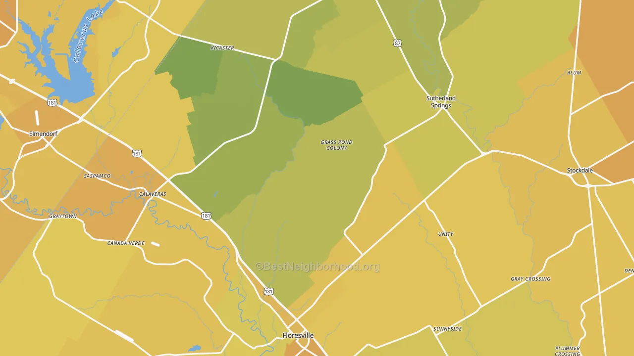 Map of the best neighborhoods in the Wilson County area, with better matches in green and worse matches in red
