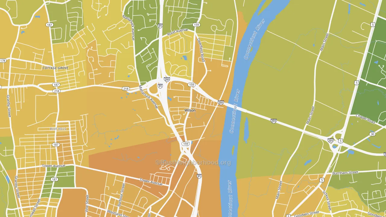 Map of the best neighborhoods in the Wilson area, with better matches in green and worse matches in red