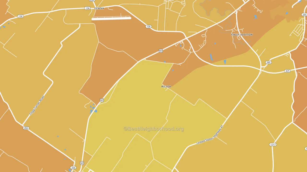 Map of the best neighborhoods in the Wilson area, with better matches in green and worse matches in red