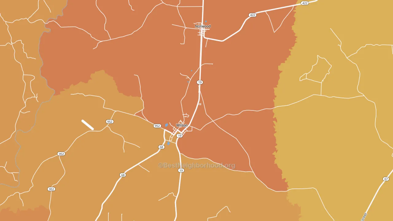 Map of the best neighborhoods in the Wilson area, with better matches in green and worse matches in red