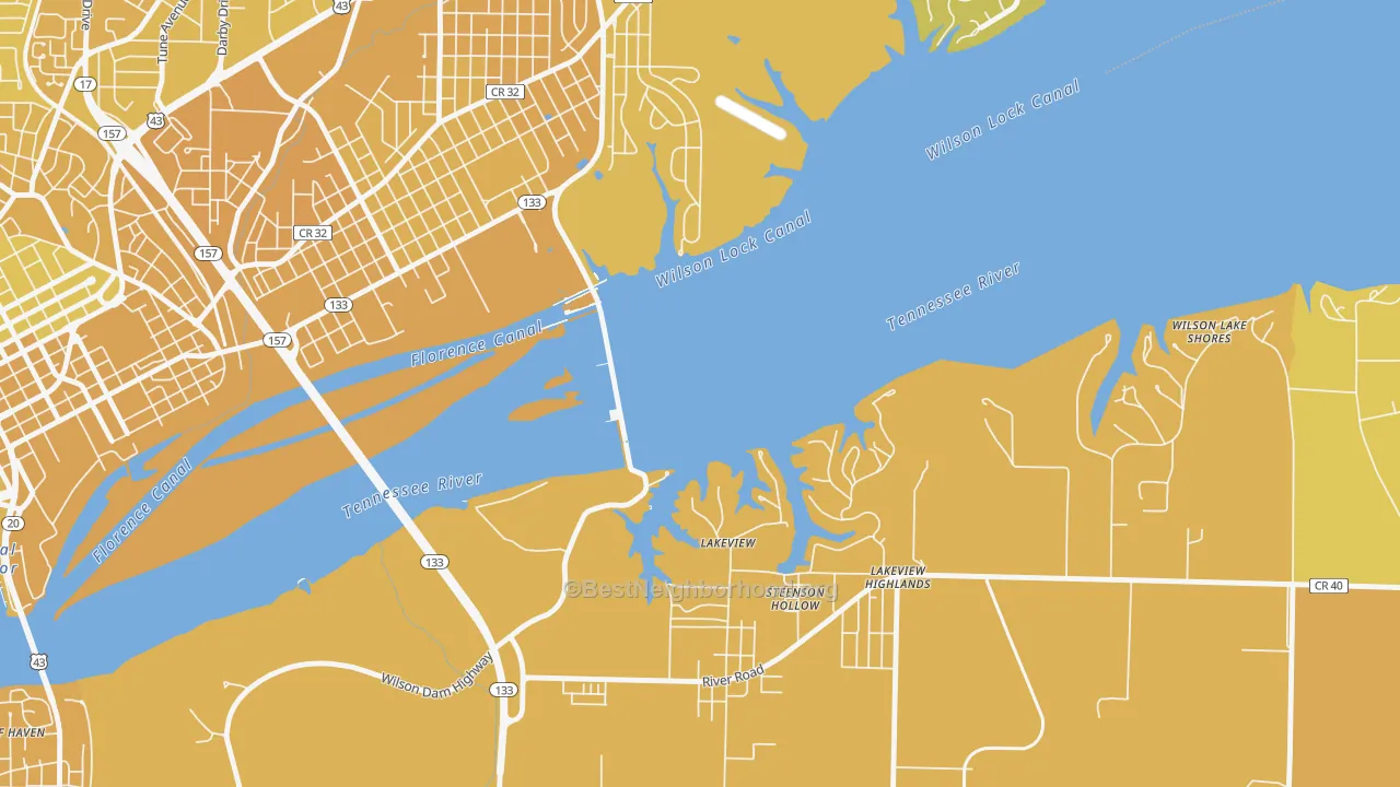 Map of the best neighborhoods in the Wilson Lake Shores area, with better matches in green and worse matches in red