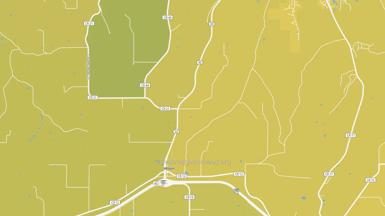 Map of the best neighborhoods in the Wilson area, with better matches in green and worse matches in red