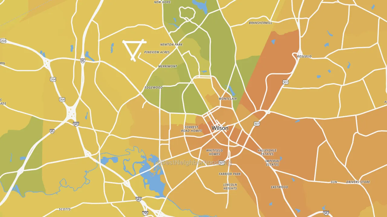 Map of the best neighborhoods in the Wilson area, with better matches in green and worse matches in red