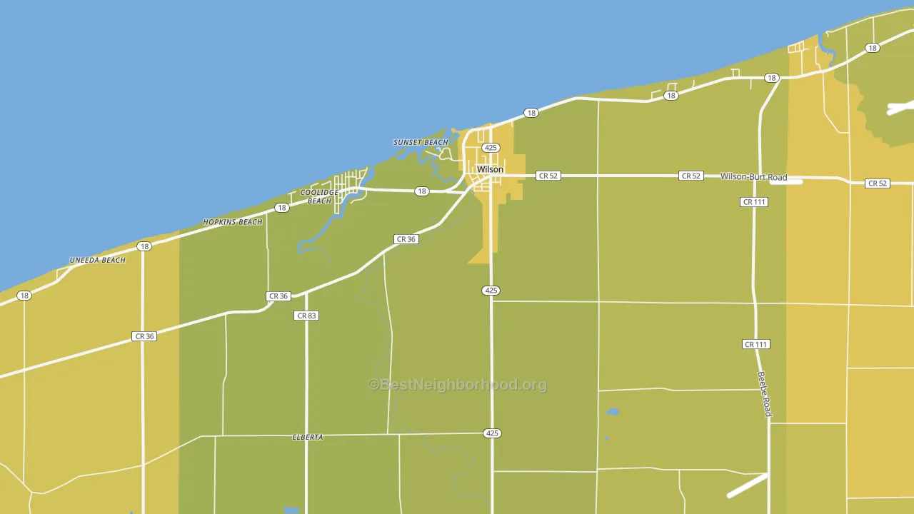 Map of the best neighborhoods in the Wilson area, with better matches in green and worse matches in red