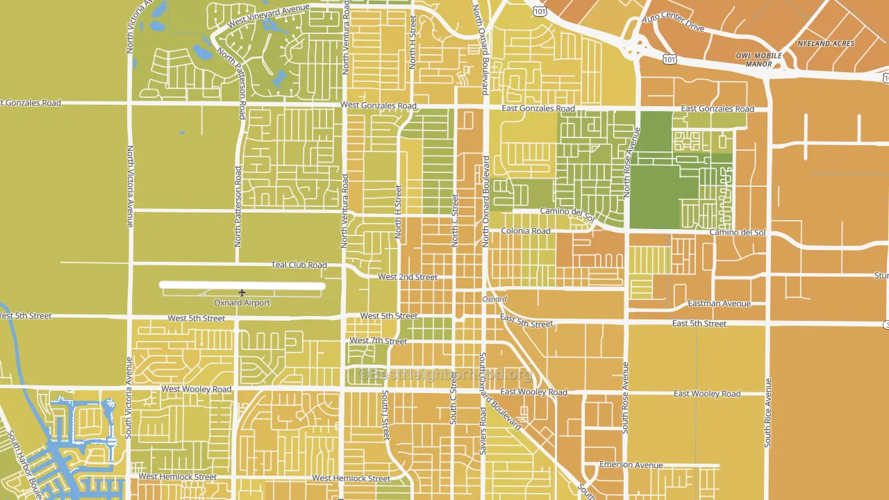 Map of the best neighborhoods in the Wilson, Oxnard area, with better matches in green and worse matches in red