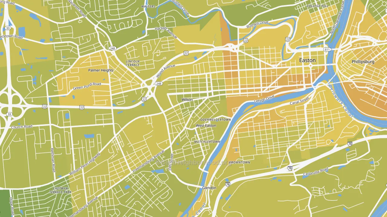 Map of the best neighborhoods in the Wilson area, with better matches in green and worse matches in red