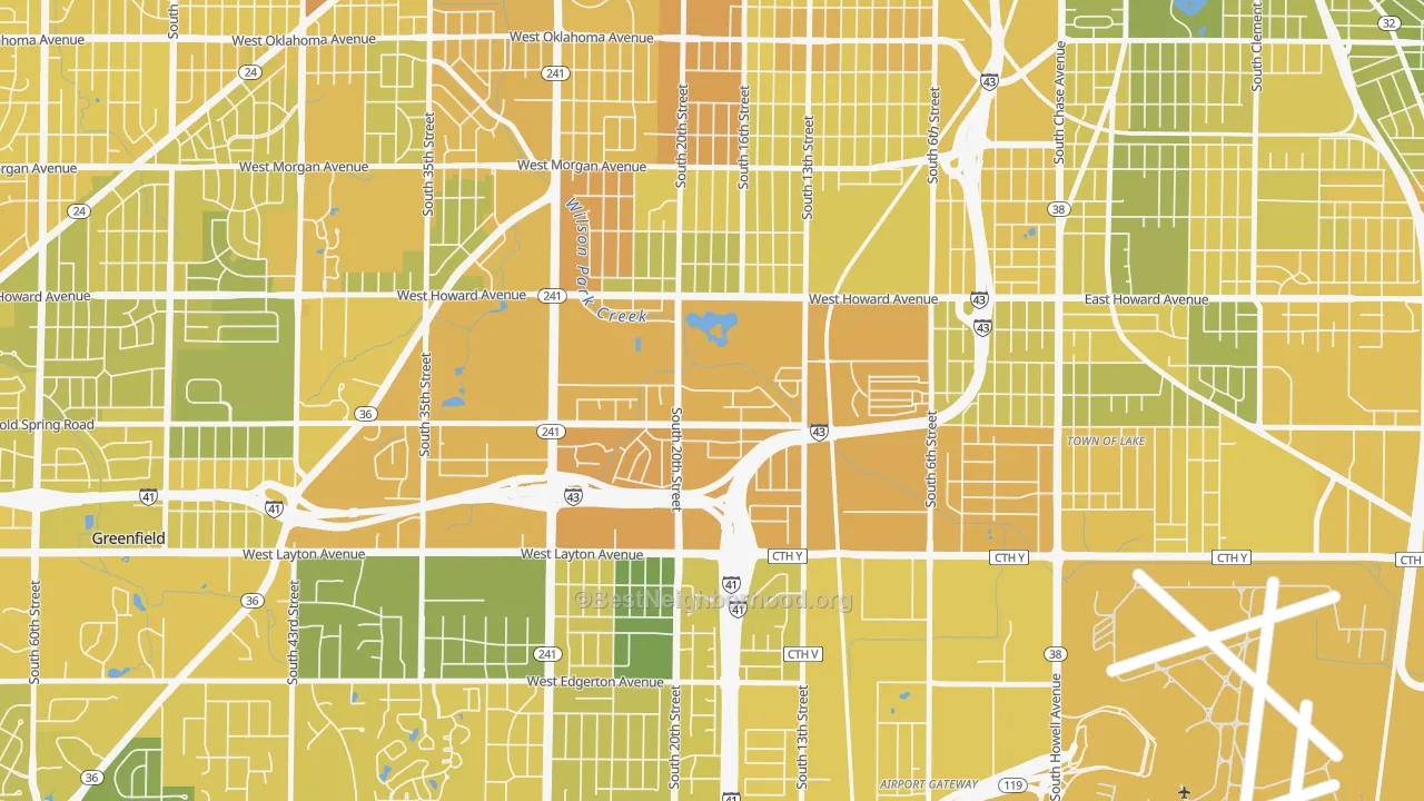 Map of the best neighborhoods in the Wilson Park, Milwaukee area, with better matches in green and worse matches in red