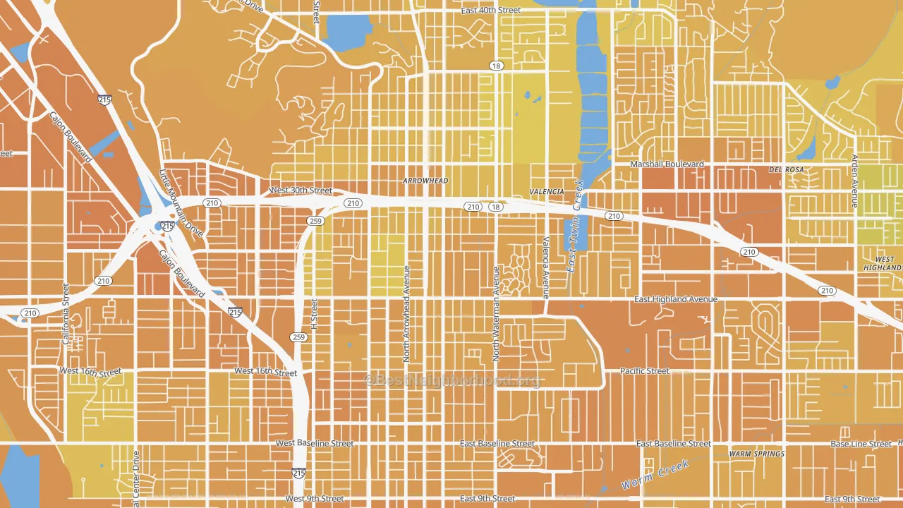 Map of the best neighborhoods in the Wilson-Riverside, San Bernardino area, with better matches in green and worse matches in red