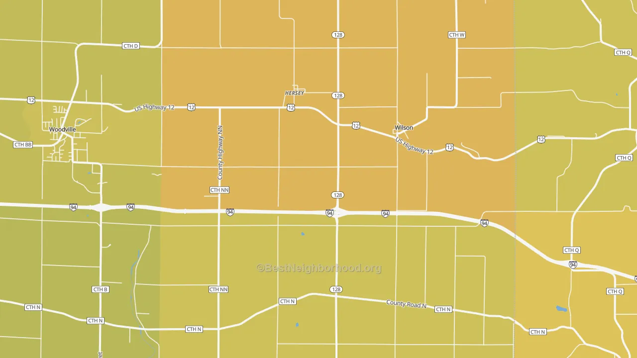 Map of the best neighborhoods in the Wilson area, with better matches in green and worse matches in red