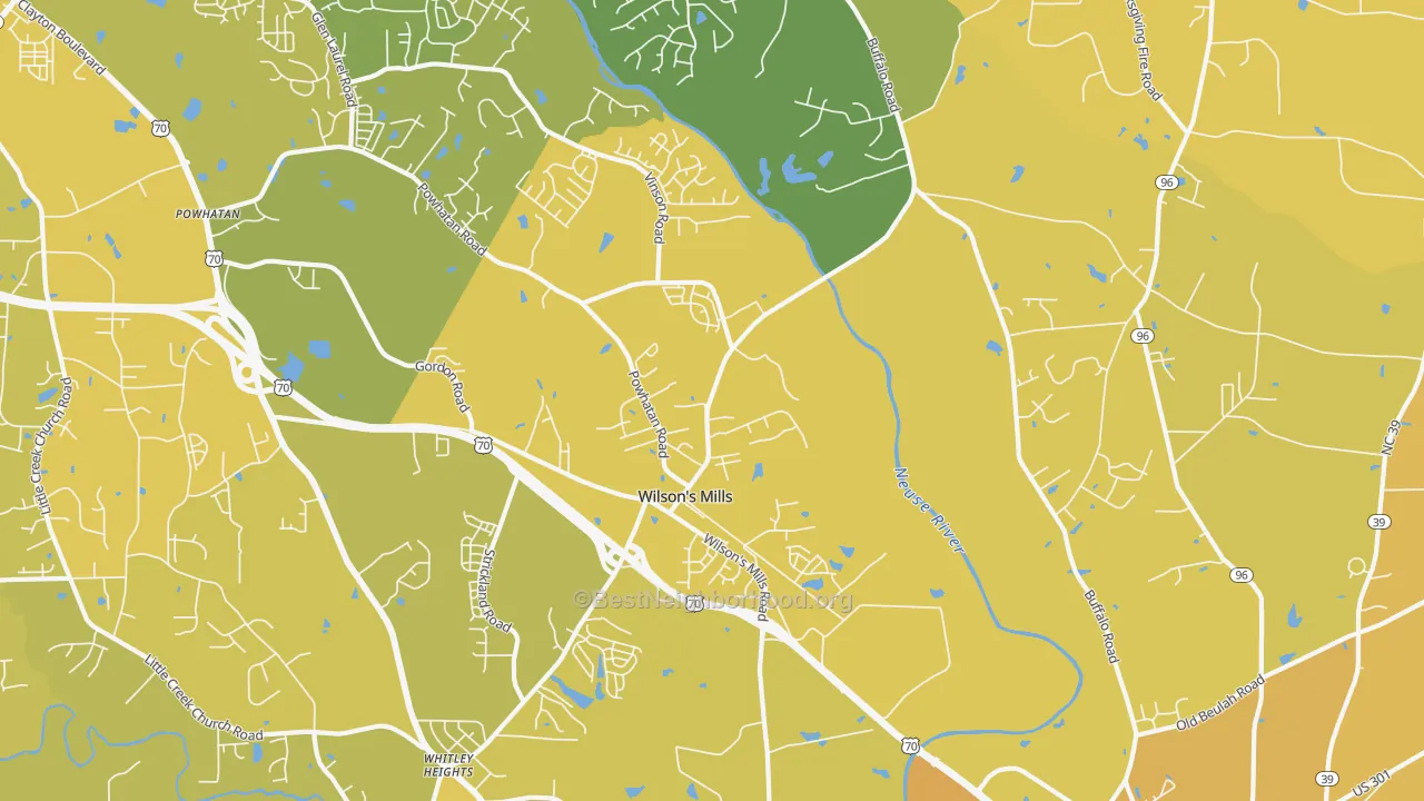 Map of the best neighborhoods in the Wilsons Mills area, with better matches in green and worse matches in red
