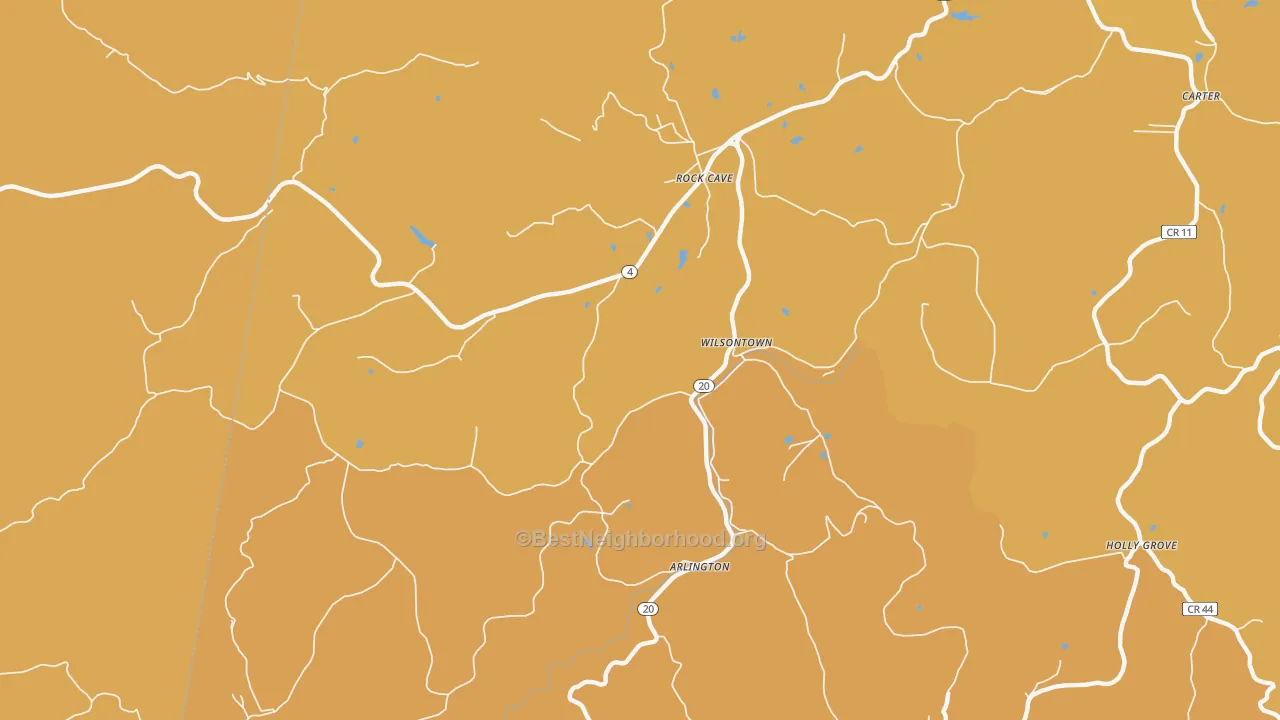 Map of the best neighborhoods in the Wilsontown area, with better matches in green and worse matches in red