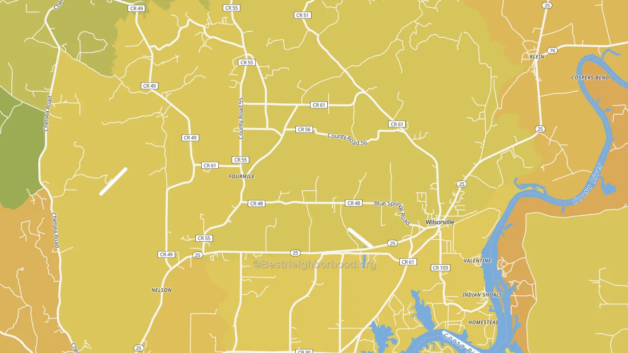 Map of the best neighborhoods in the Wilsonville area, with better matches in green and worse matches in red