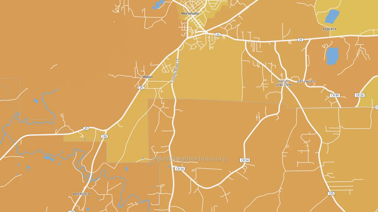 Map of the best neighborhoods in the Wilton area, with better matches in green and worse matches in red
