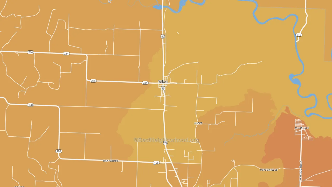 Map of the best neighborhoods in the Wilton area, with better matches in green and worse matches in red
