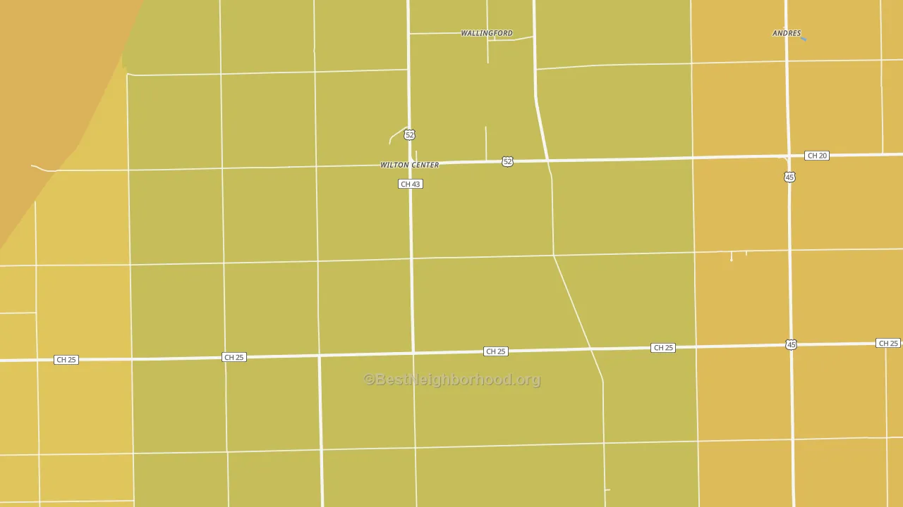Map of the best neighborhoods in the Wilton Center area, with better matches in green and worse matches in red