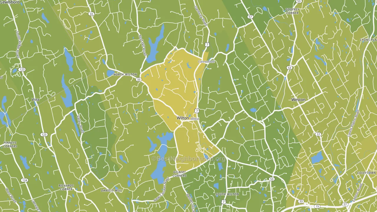 Map of the best neighborhoods in the Wilton area, with better matches in green and worse matches in red