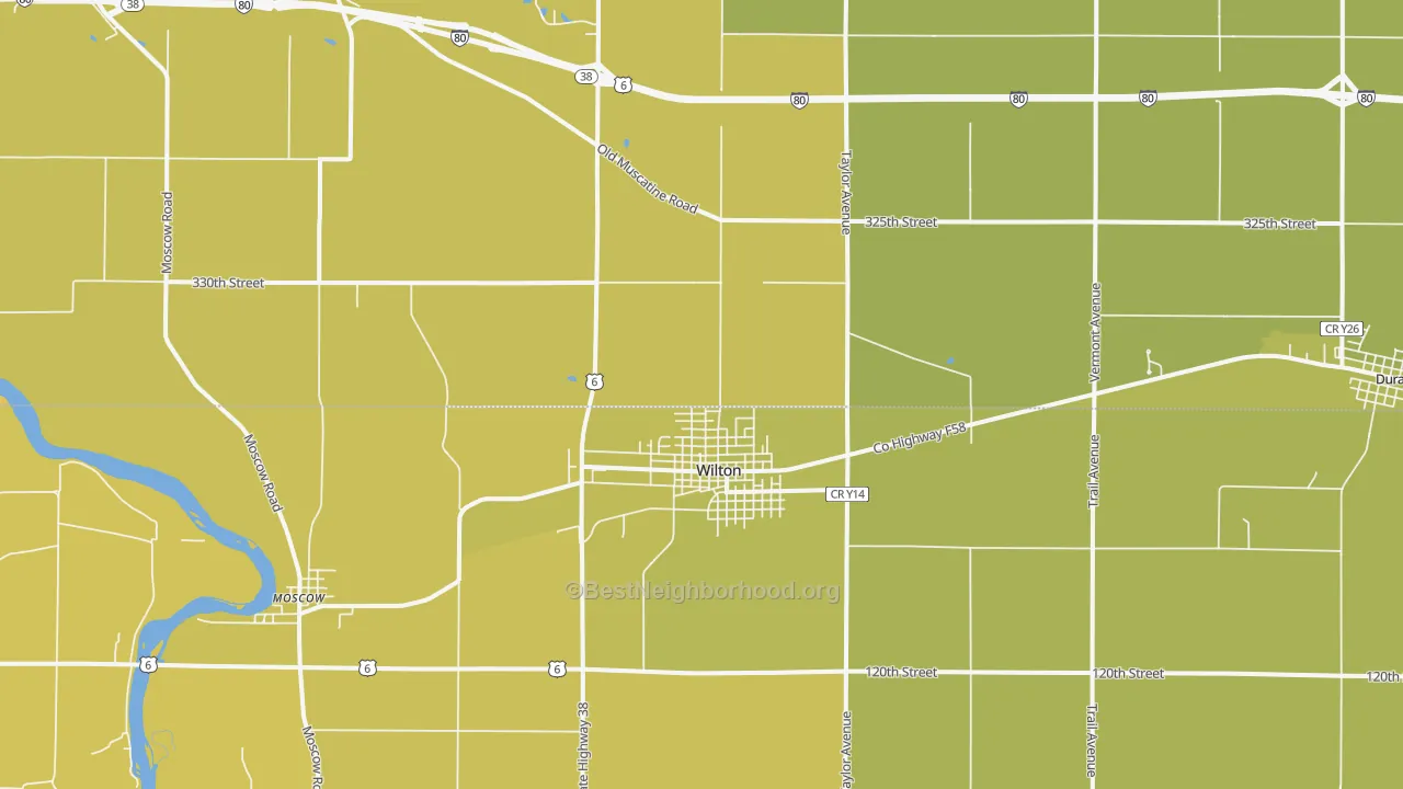 Map of the best neighborhoods in the Wilton area, with better matches in green and worse matches in red