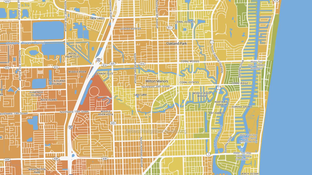 Map of the best neighborhoods in the Wilton Manors area, with better matches in green and worse matches in red