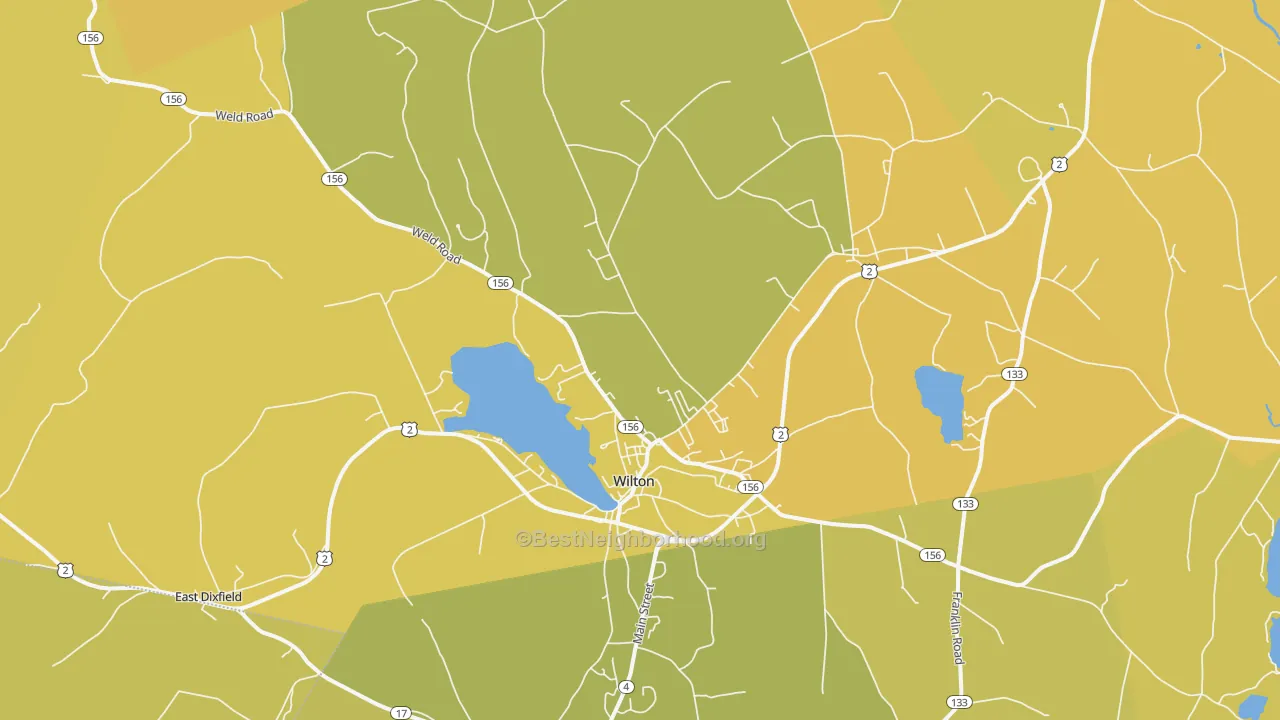 Map of the best neighborhoods in the Wilton area, with better matches in green and worse matches in red