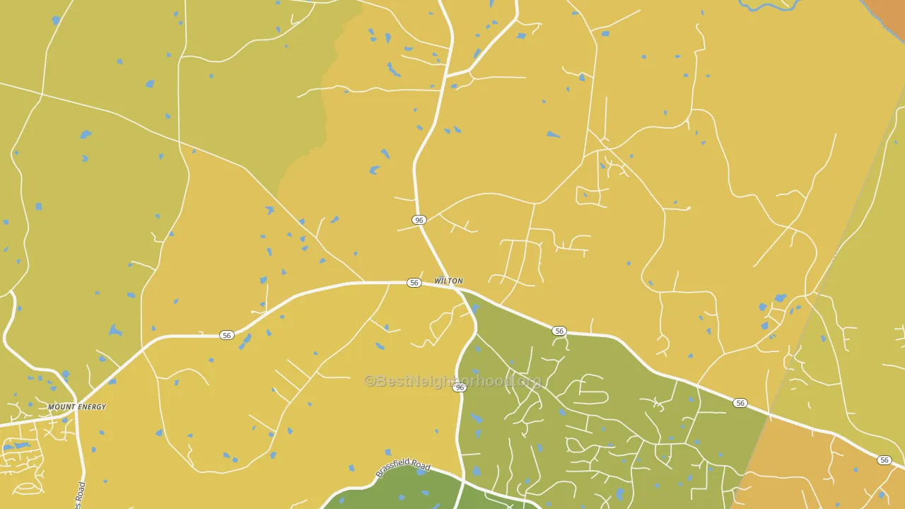 Map of the best neighborhoods in the Wilton area, with better matches in green and worse matches in red
