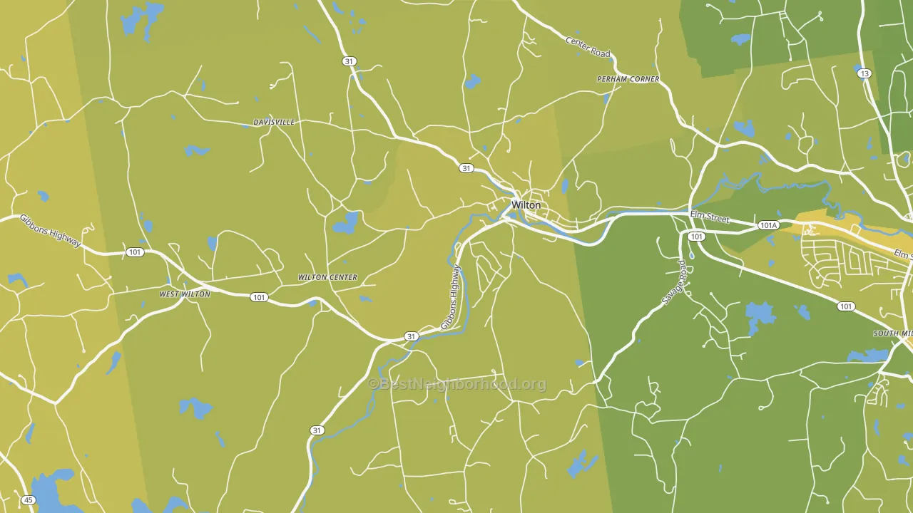 Map of the best neighborhoods in the Wilton area, with better matches in green and worse matches in red