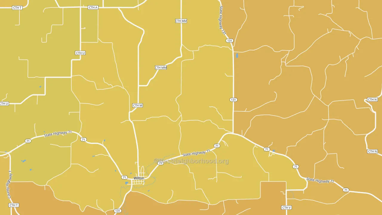 Map of the best neighborhoods in the Wilton area, with better matches in green and worse matches in red