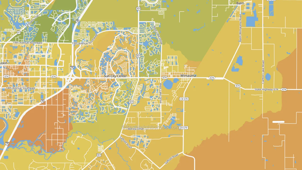 Map of the best neighborhoods in the Wimauma area, with better matches in green and worse matches in red