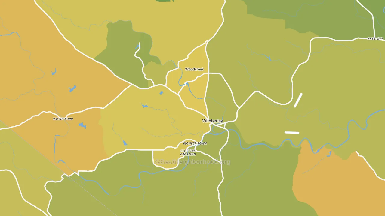 Map of the best neighborhoods in the Wimberley area, with better matches in green and worse matches in red