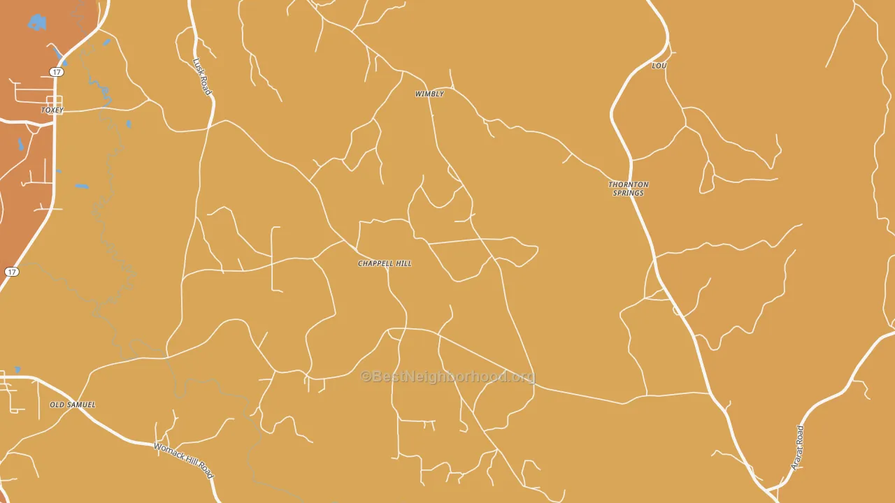 Map of the best neighborhoods in the Wimberly area, with better matches in green and worse matches in red