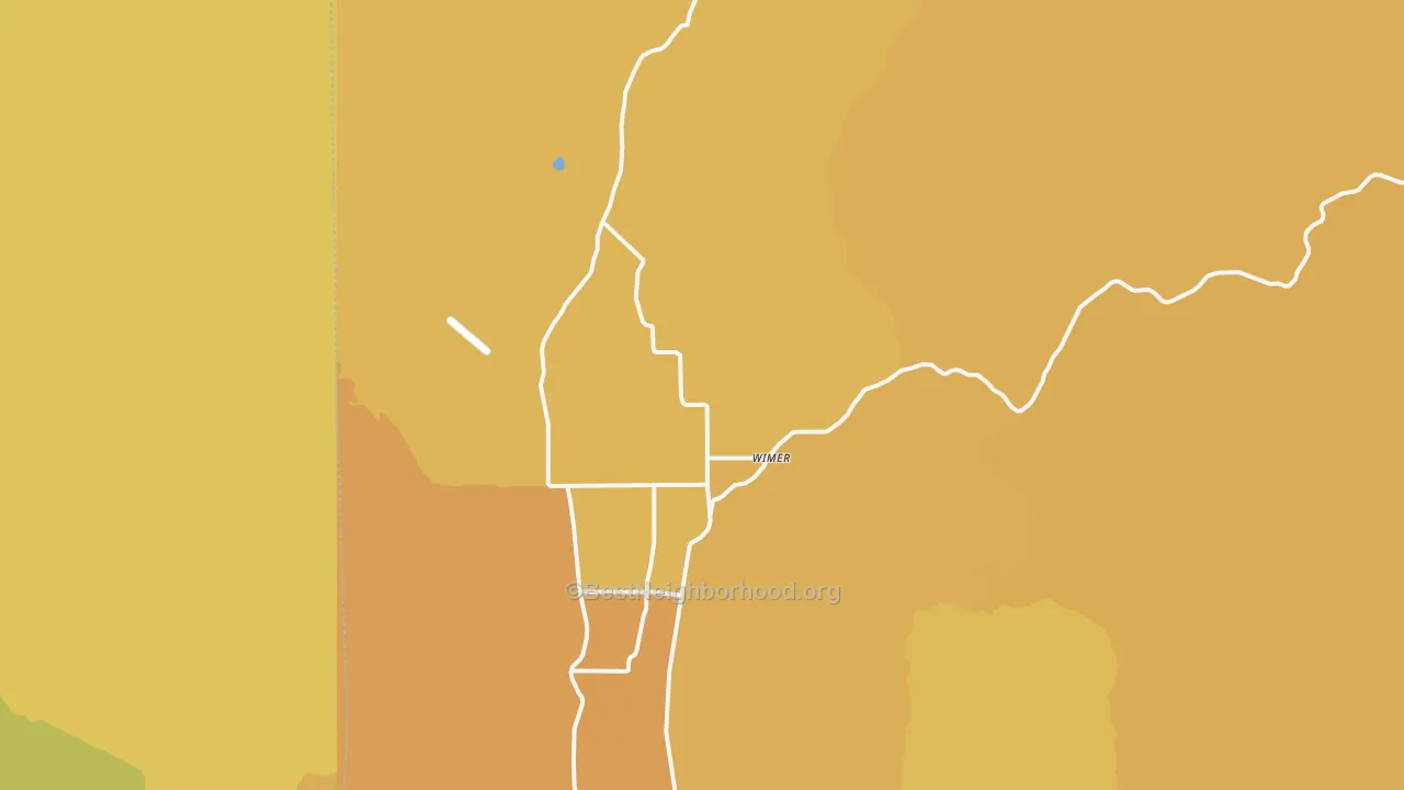 Map of the best neighborhoods in the Wimer area, with better matches in green and worse matches in red