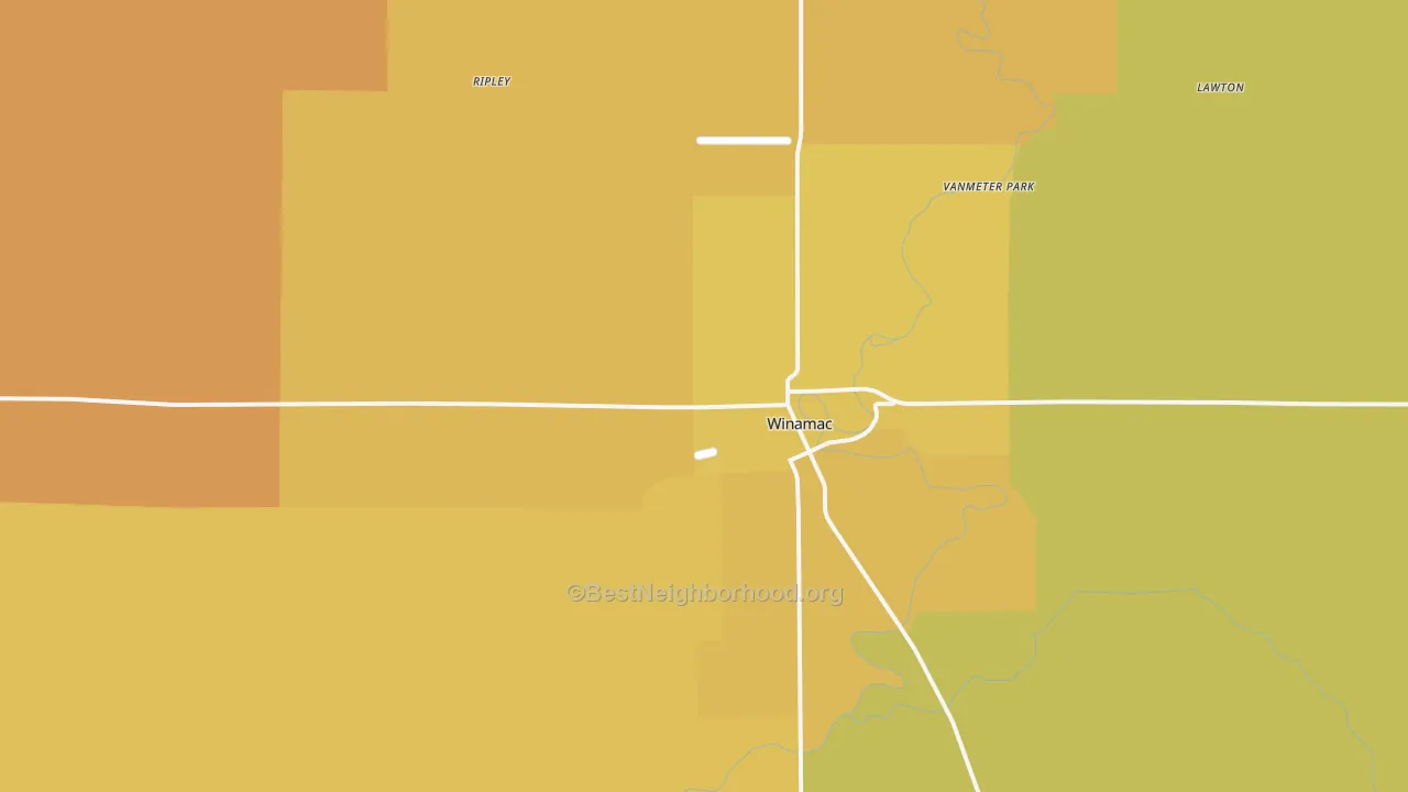 Map of the best neighborhoods in the Winamac area, with better matches in green and worse matches in red