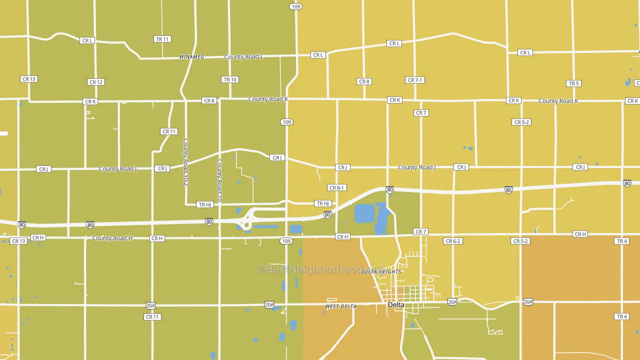 Map of the best neighborhoods in the Winameg area, with better matches in green and worse matches in red