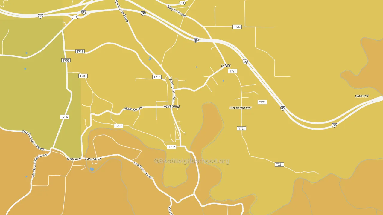 Map of the best neighborhoods in the Winburne area, with better matches in green and worse matches in red