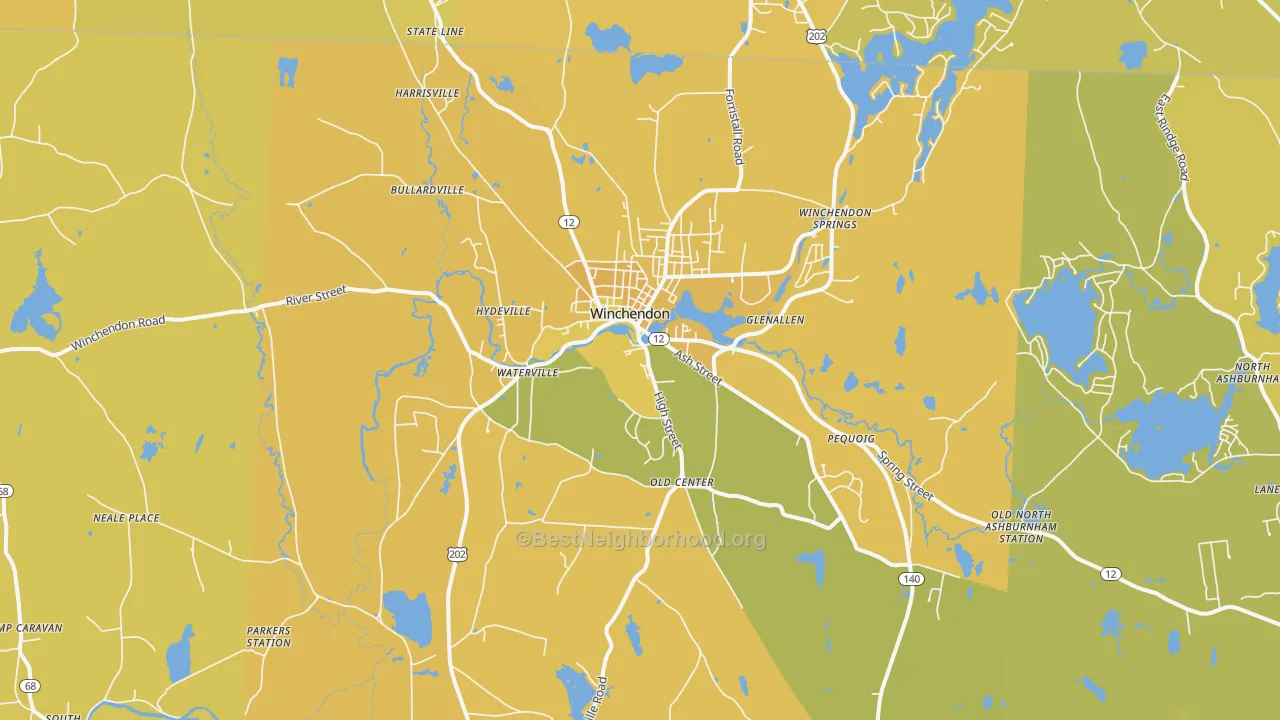Map of the best neighborhoods in the Winchendon area, with better matches in green and worse matches in red