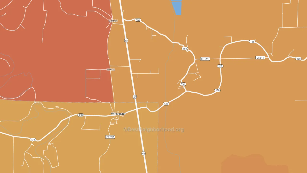 Map of the best neighborhoods in the Winchester area, with better matches in green and worse matches in red