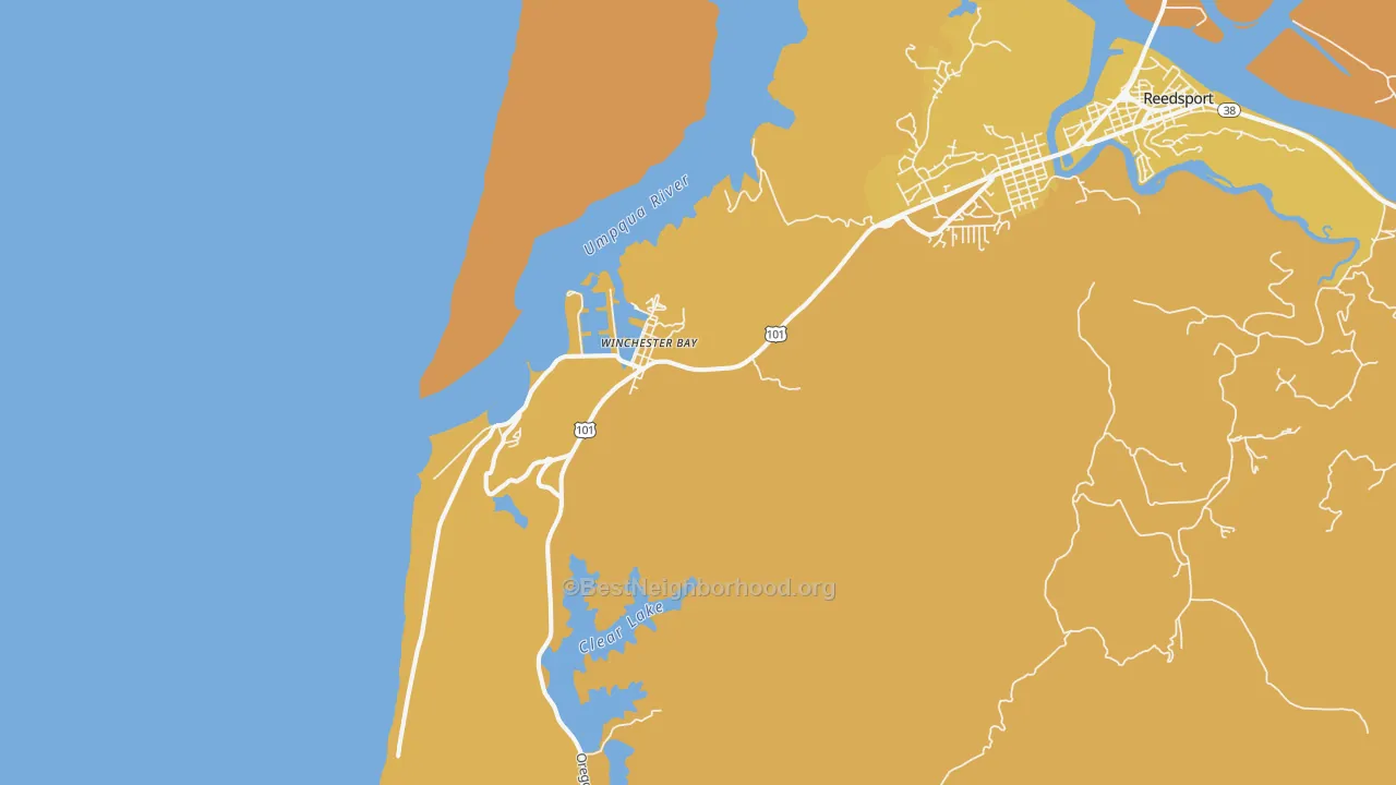 Map of the best neighborhoods in the Winchester Bay area, with better matches in green and worse matches in red