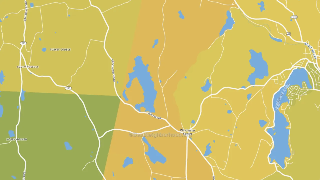 Map of the best neighborhoods in the Winchester Center area, with better matches in green and worse matches in red