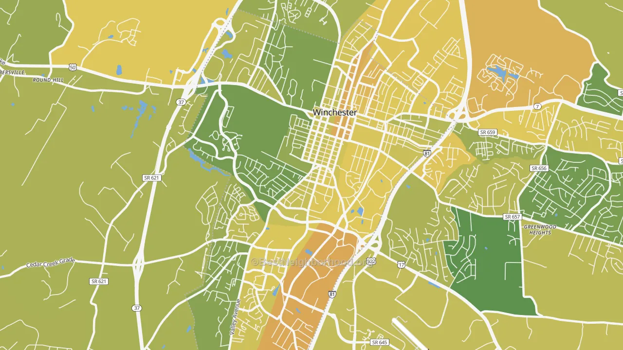 Map of the best neighborhoods in the Winchester City area, with better matches in green and worse matches in red