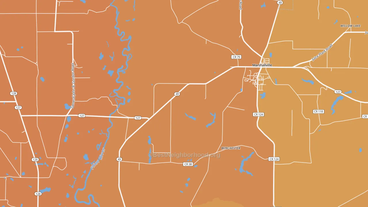 Map of the best neighborhoods in the Winchester area, with better matches in green and worse matches in red