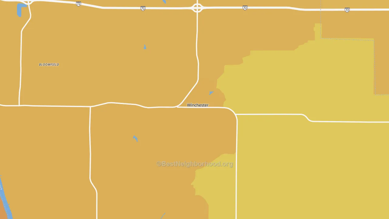 Map of the best neighborhoods in the Winchester area, with better matches in green and worse matches in red
