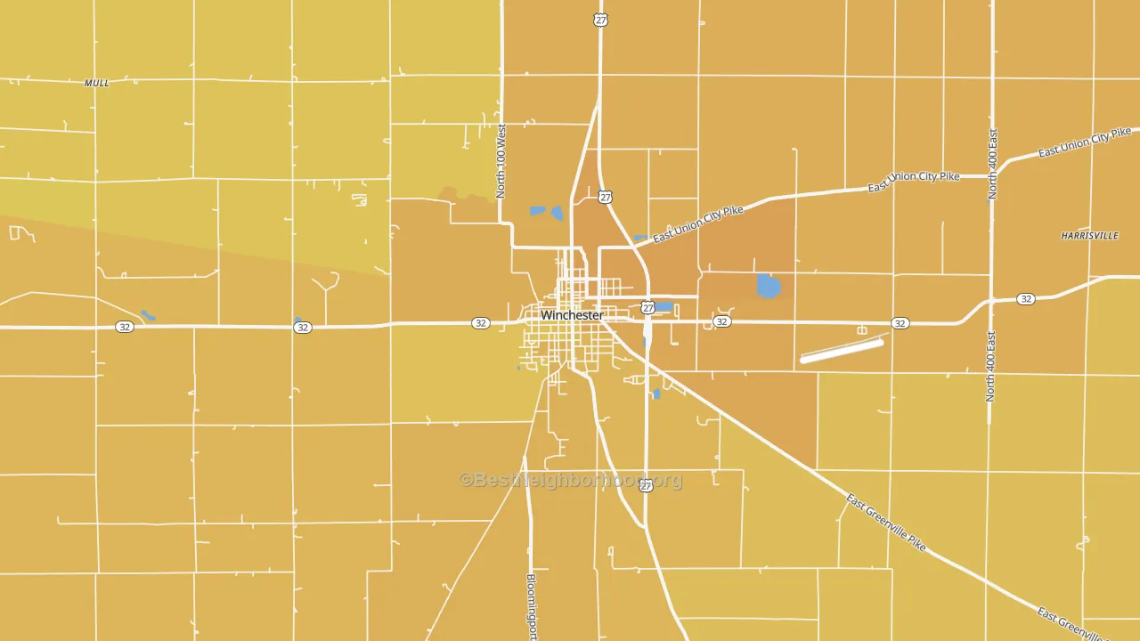 Map of the best neighborhoods in the Winchester area, with better matches in green and worse matches in red