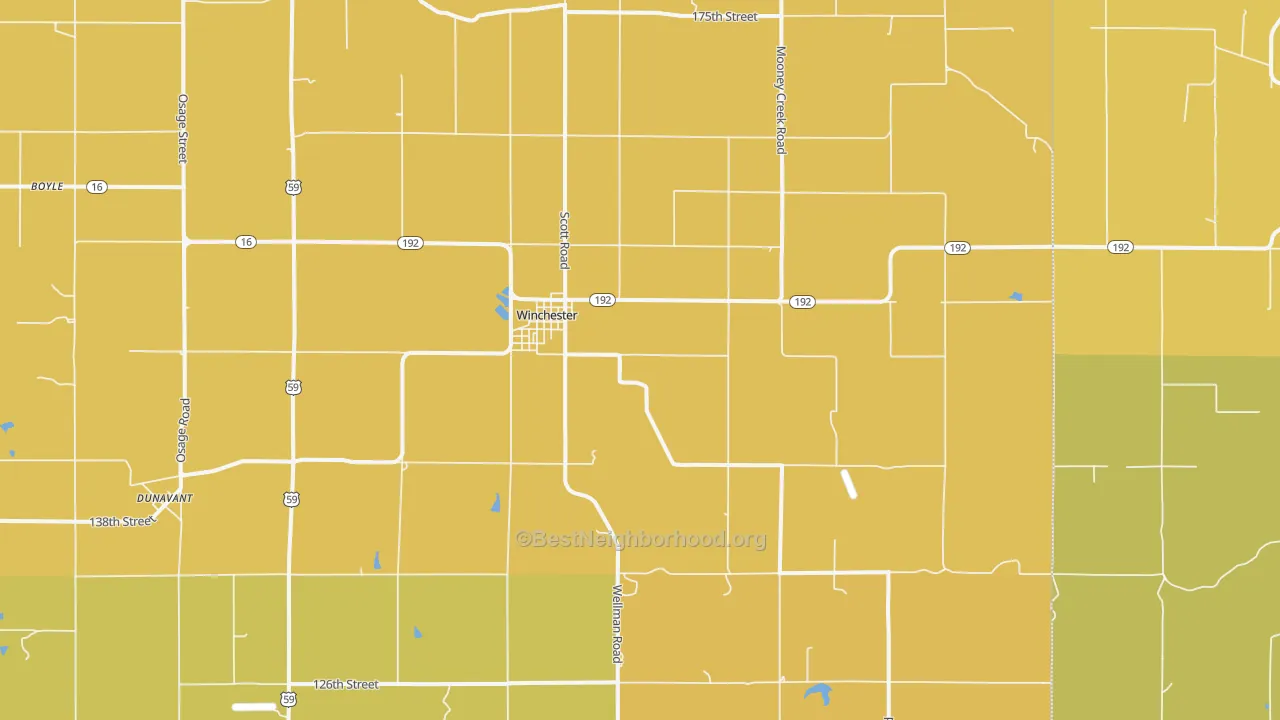 Map of the best neighborhoods in the Winchester area, with better matches in green and worse matches in red