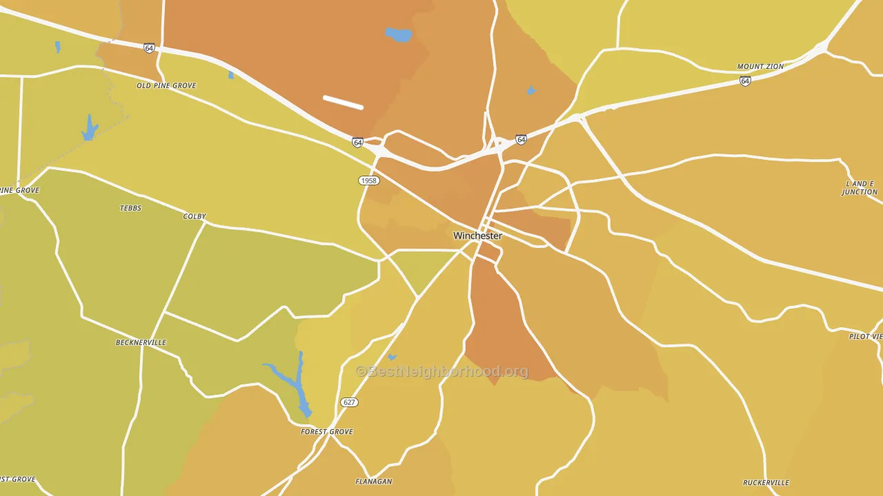Map of the best neighborhoods in the Winchester area, with better matches in green and worse matches in red