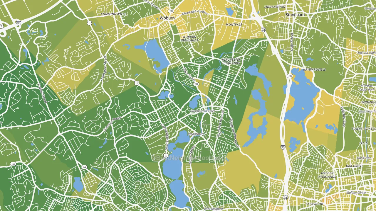 Map of the best neighborhoods in the Winchester area, with better matches in green and worse matches in red