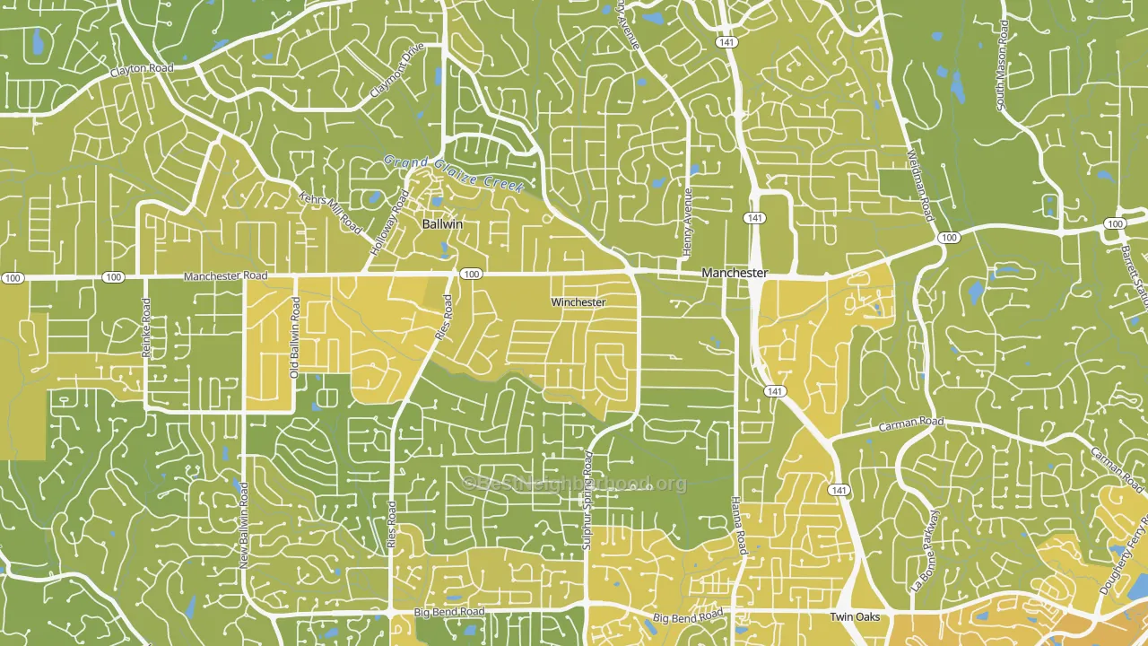 Map of the best neighborhoods in the Winchester area, with better matches in green and worse matches in red