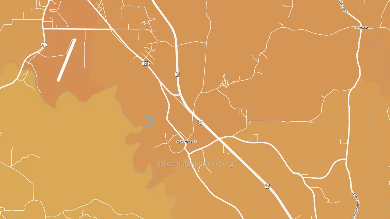 Map of the best neighborhoods in the Winchester area, with better matches in green and worse matches in red